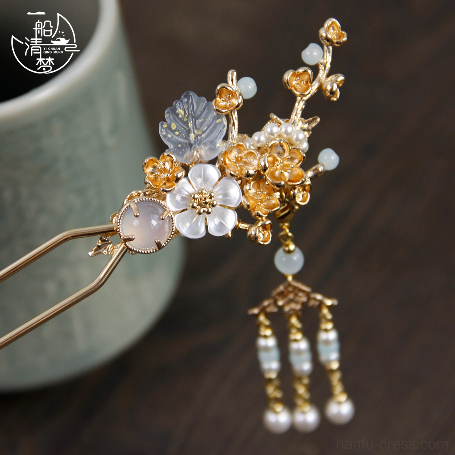 Traditional Chinese Hanfu hair stick featuring plum blossoms agate-style beads faux pearls and layered beaded tassels