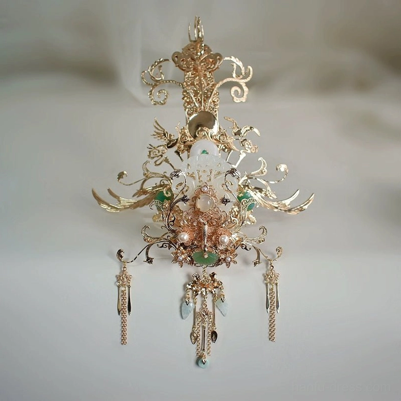 Side hanfu hairpin with delicate gold filigree symmetrical floral decoration white and green jade-inspired accents and dangling tassels