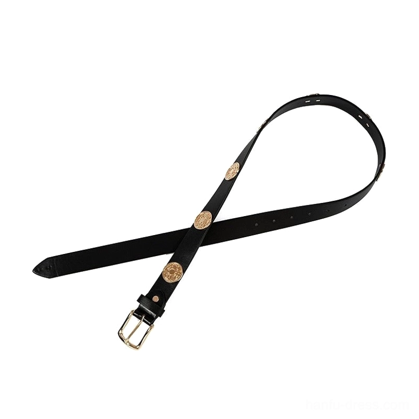 Traditional Chinese Hanfu waist belt with black strap, gold-toned decorative buckles, ornaments, and standard fastening buckle