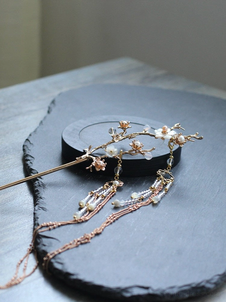 Traditional Chinese pear blossom hair accessory with slender gold-tone hair stick and two flowing sets of beaded chain tassels for Hanfu styling