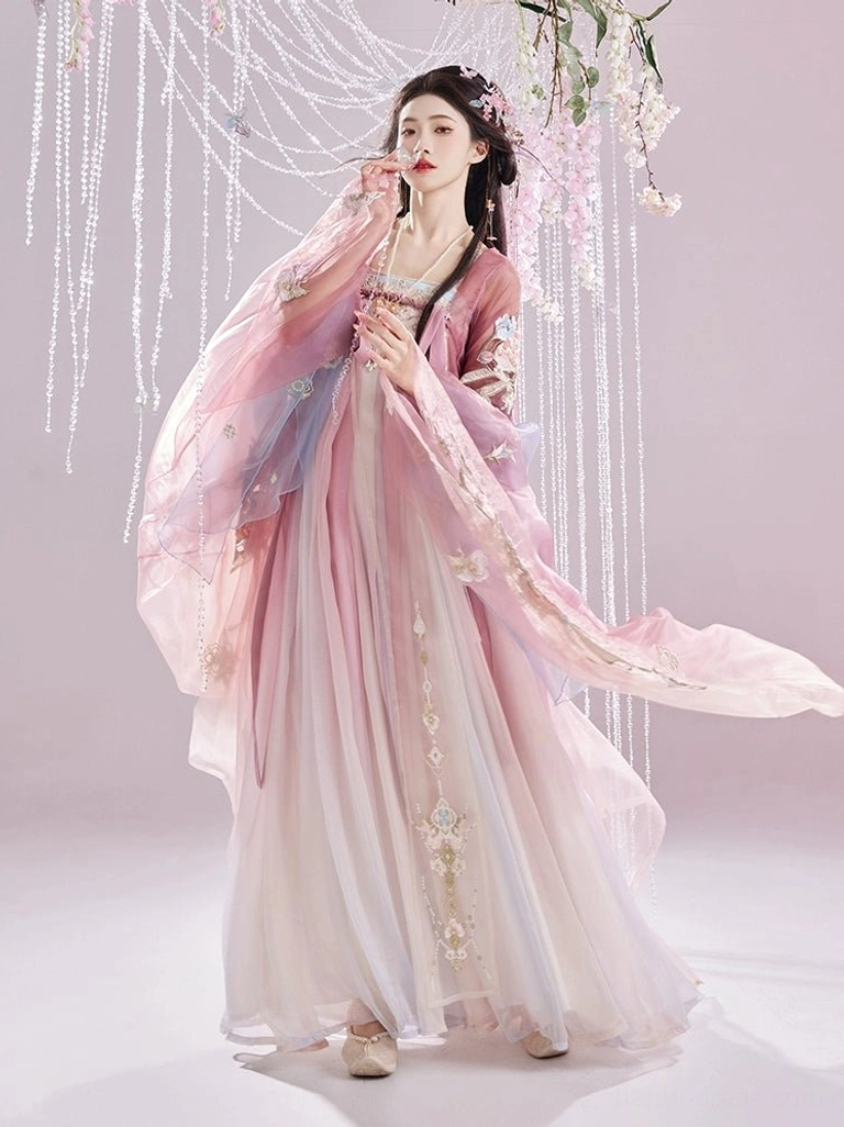 Front full body view of a traditional Chinese Tang Dynasty Hanfu Heziqun set with elegant neckline, floral embroidered shawl, pastel gradient skirt, and blue sash