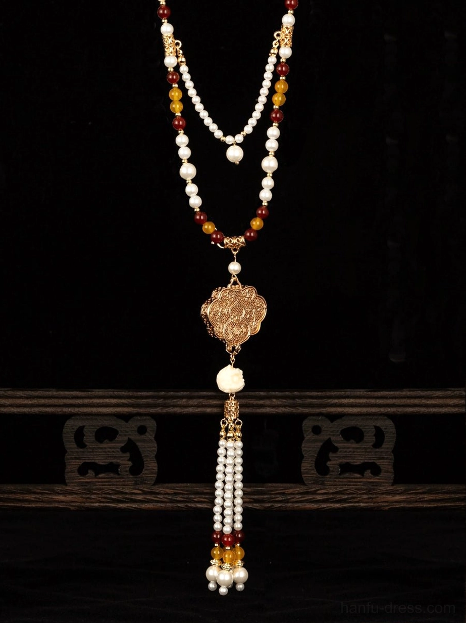 Complete traditional Chinese tassel pendant necklace with double-layer beaded chain, carved bronze Ruyi pendant, pearls, and decorative tassel details