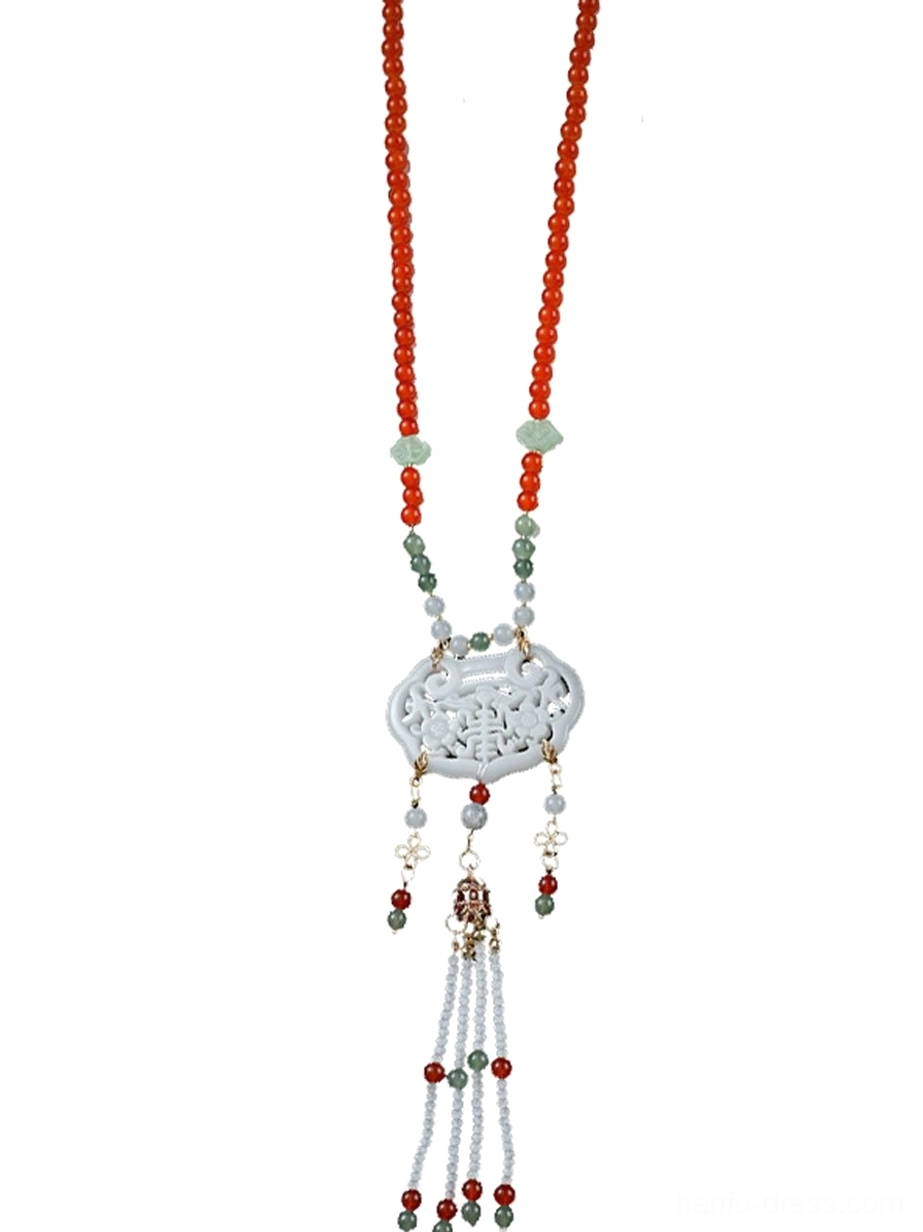 Full front view of a traditional Chinese yingluo necklace with red bead chain, jade accents, carved lock pendant, and layered tassel ornaments