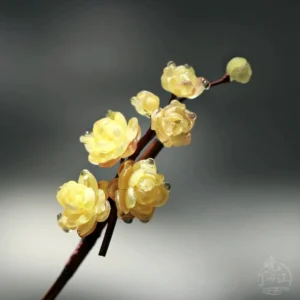 Traditional Hanfu wintersweet hairpin featuring layered yellow flower clusters buds and clear dewdrop details