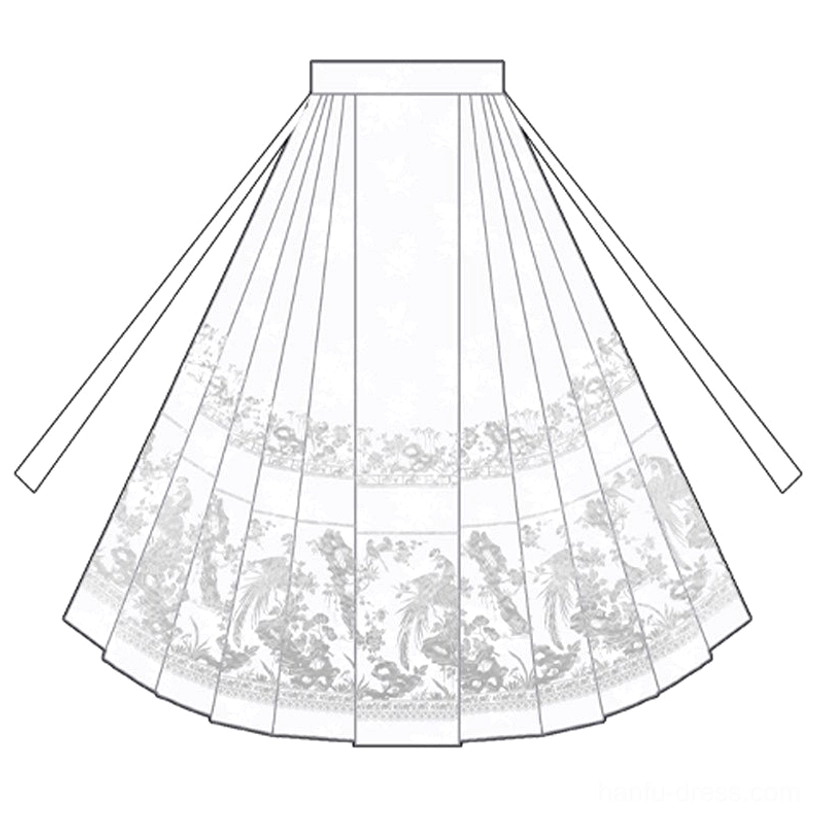 Technical line drawing of traditional mamianqun horse face skirt with pleats waist ties and floral bird decorative panels