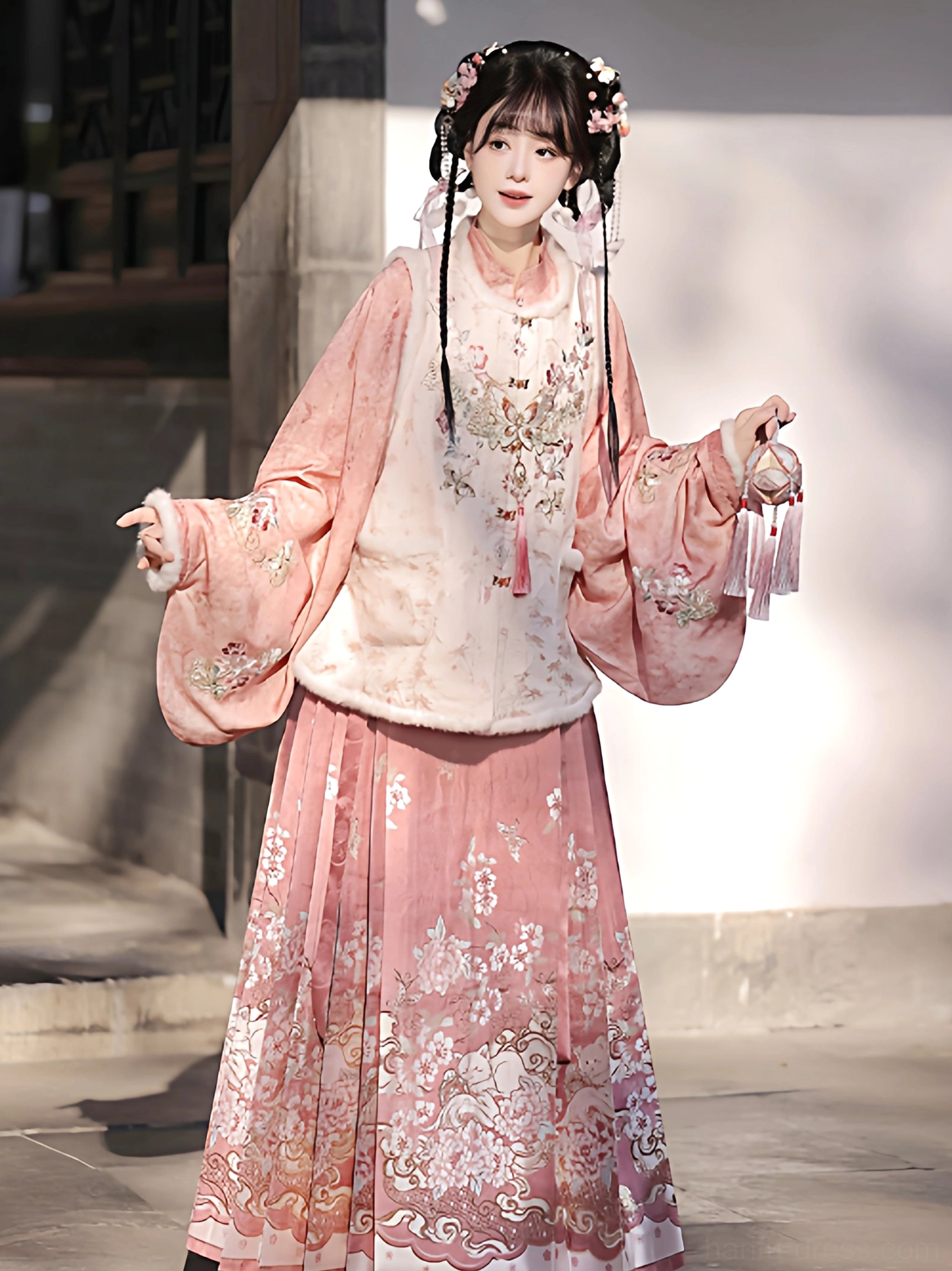 Traditional Chinese Hanfu woman wearing a floral Ming style top embroidered vest and pleated mamian skirt with tassel ornaments