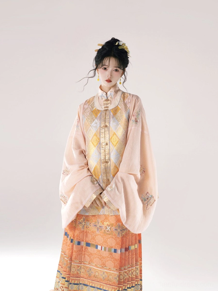 Front view of traditional Chinese Ming Dynasty hanfu with hidden button stand collar floral sleeves and pleated mamian skirt