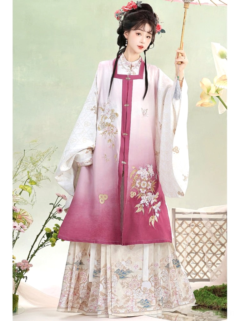 Traditional Chinese Ming Dynasty Hanfu outfit with rose red vest flowing sleeves and printed mamian skirt