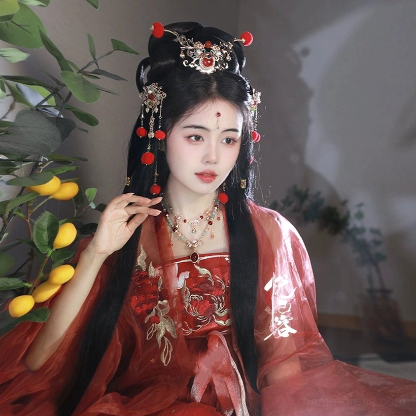 Traditional Chinese Hanfu jewelry styling featuring a red embroidered Hanfu dress, elaborate ancient hairstyle, gold-tone necklace, red gem pendant, and tassel accessories