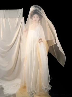 Full front view of traditional Tang Dynasty Hanfu Qixiong Ruqun dress with sheer face veil, flowing skirt, and lightweight champagne chiffon layers