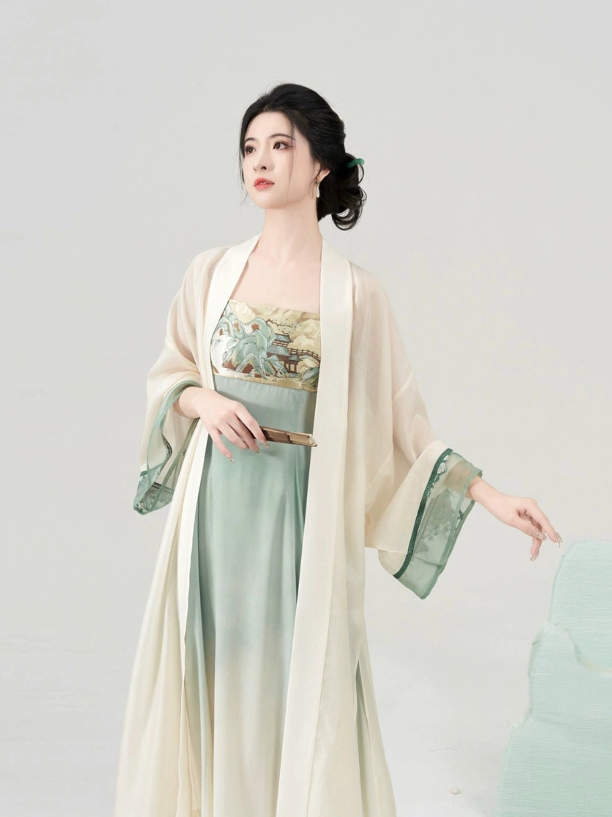 Elegant modern Tang Hanfu two-piece set front view with satin-lustre long cardigan and ombre embroidered slip dress