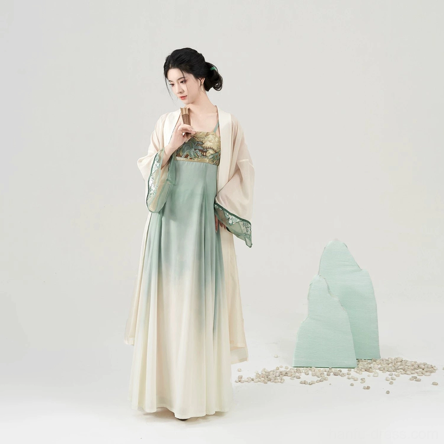 Tranquil Mountain Path full Tang Dynasty Hanfu dress set rear three-quarter view with floor-length ombre skirt and flowing cardigan