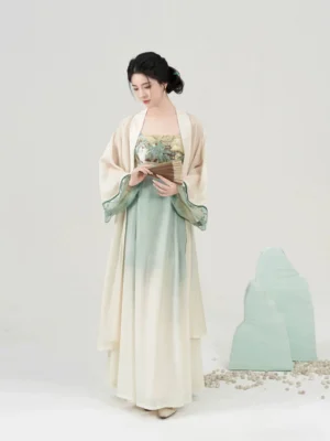Tranquil Mountain Path modern Tang Dynasty Hanfu full set with sage green to cream ombre slip dress, landscape embroidery, and long cardigan front view