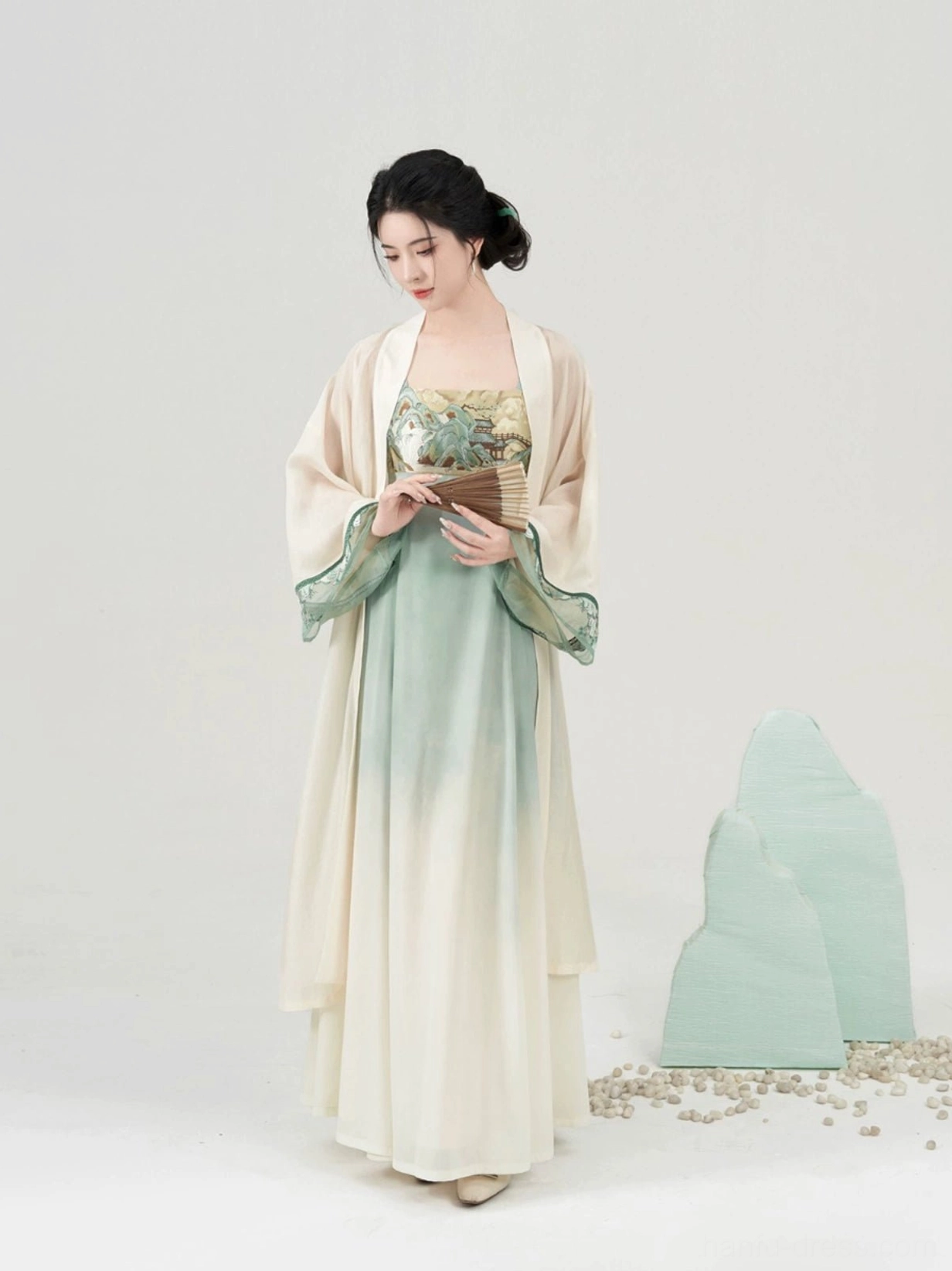 Tranquil Mountain Path modern Tang Dynasty Hanfu full set with sage green to cream ombre slip dress, landscape embroidery, and long cardigan front view