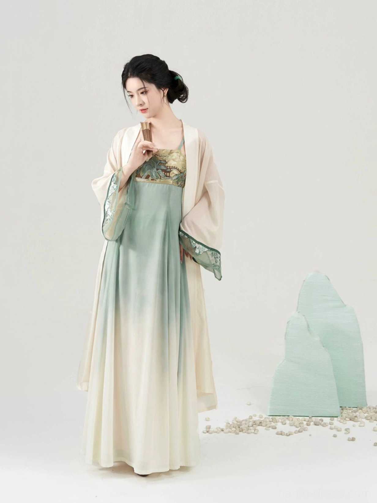 Tang Dynasty inspired Hanfu full set featuring a flowing long outer cardigan, green cream gradient dress, and landscape embroidery