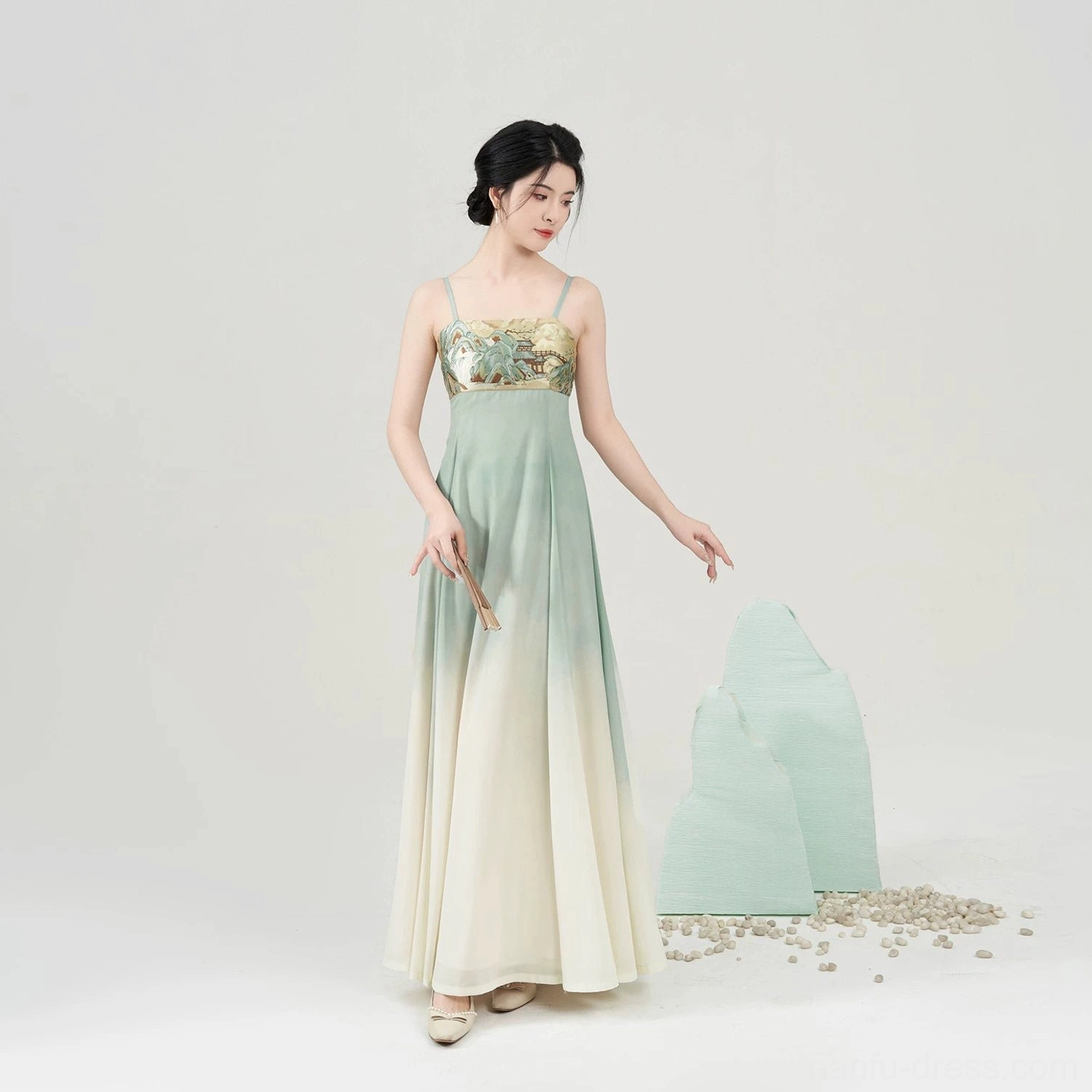 Tang-style Hanfu embroidered spaghetti strap slip dress with sage green cream ombre skirt and landscape motif