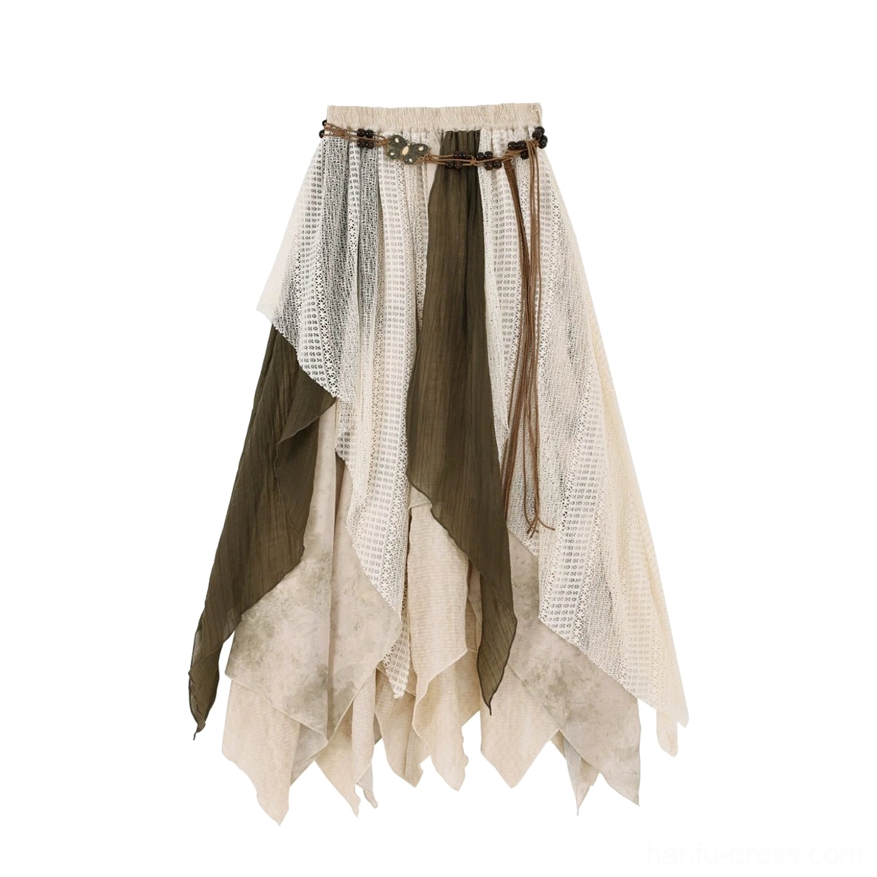Travelling Lotus modern Hanfu beige and olive green layered asymmetrical elastic waist skirt