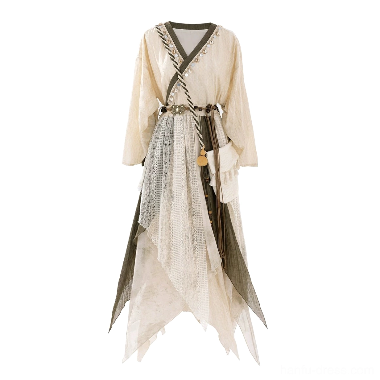 Travelling Lotus modern Hanfu complete set with cross-collar long sleeve top and layered asymmetrical elastic waist skirt