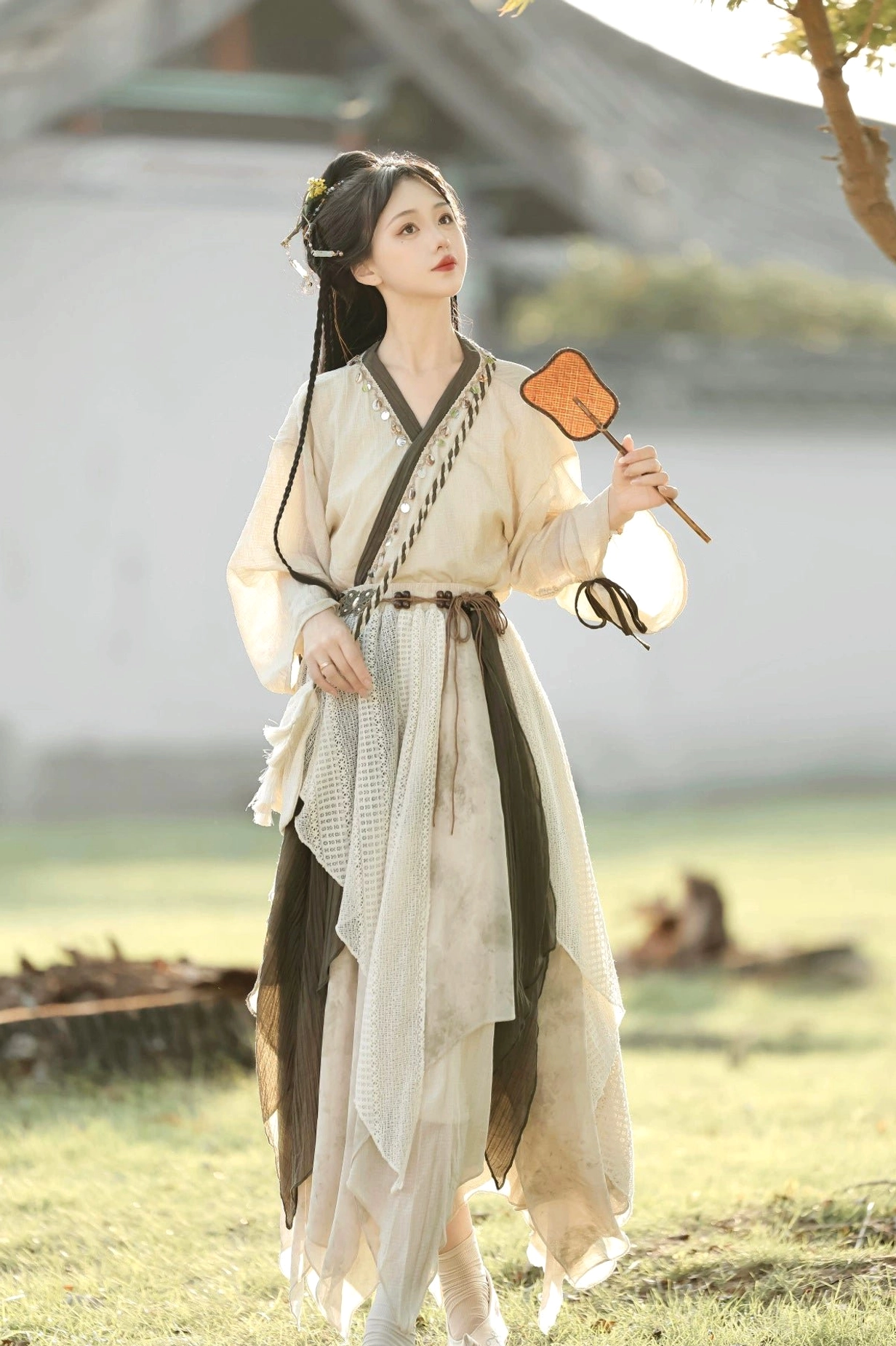 Travelling Lotus modern Hanfu layered asymmetrical skirt set in beige and olive green New Chinese Style design