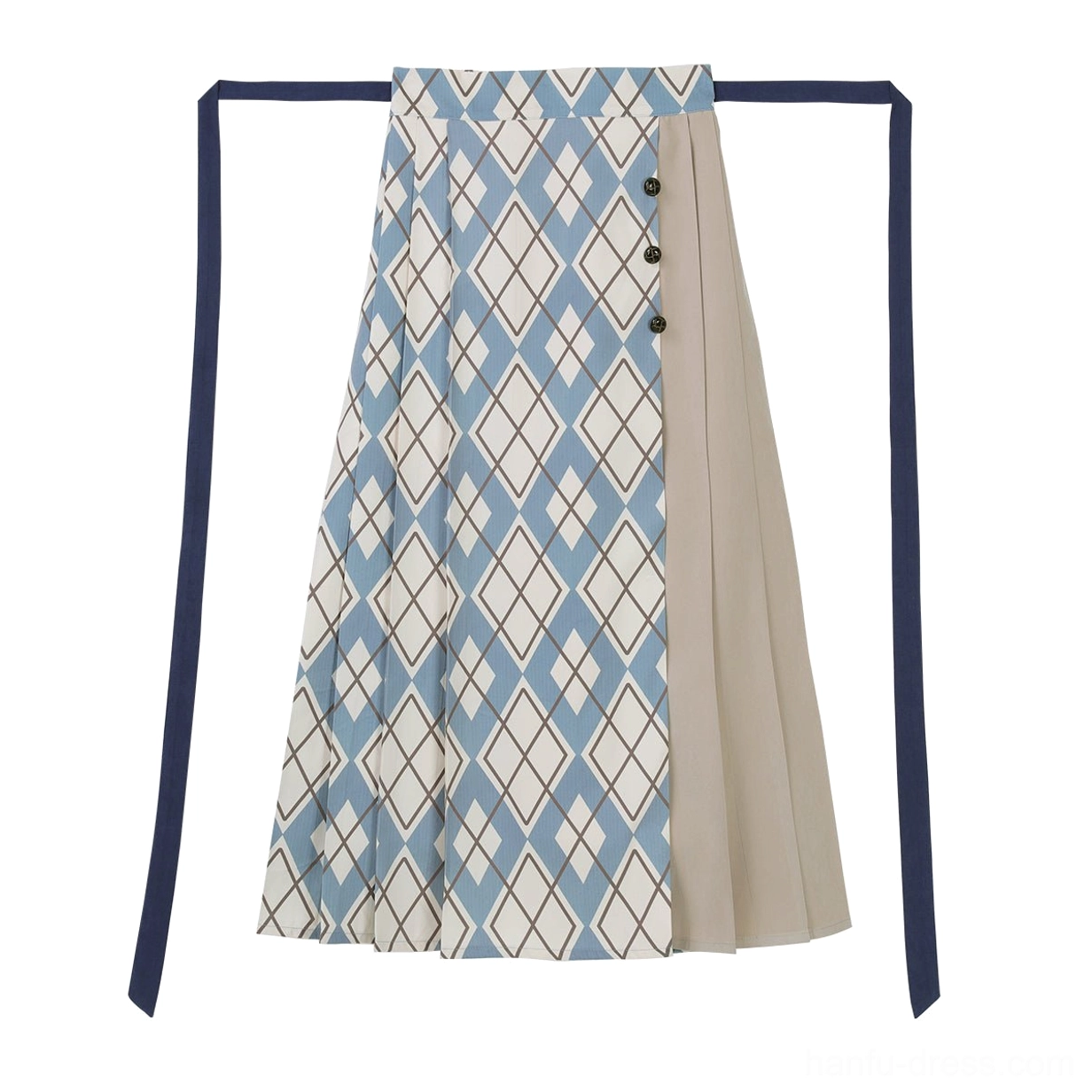 Blue geometric print and beige color-block mamian wrap skirt with long navy waist ties for modern Ming Dynasty Hanfu