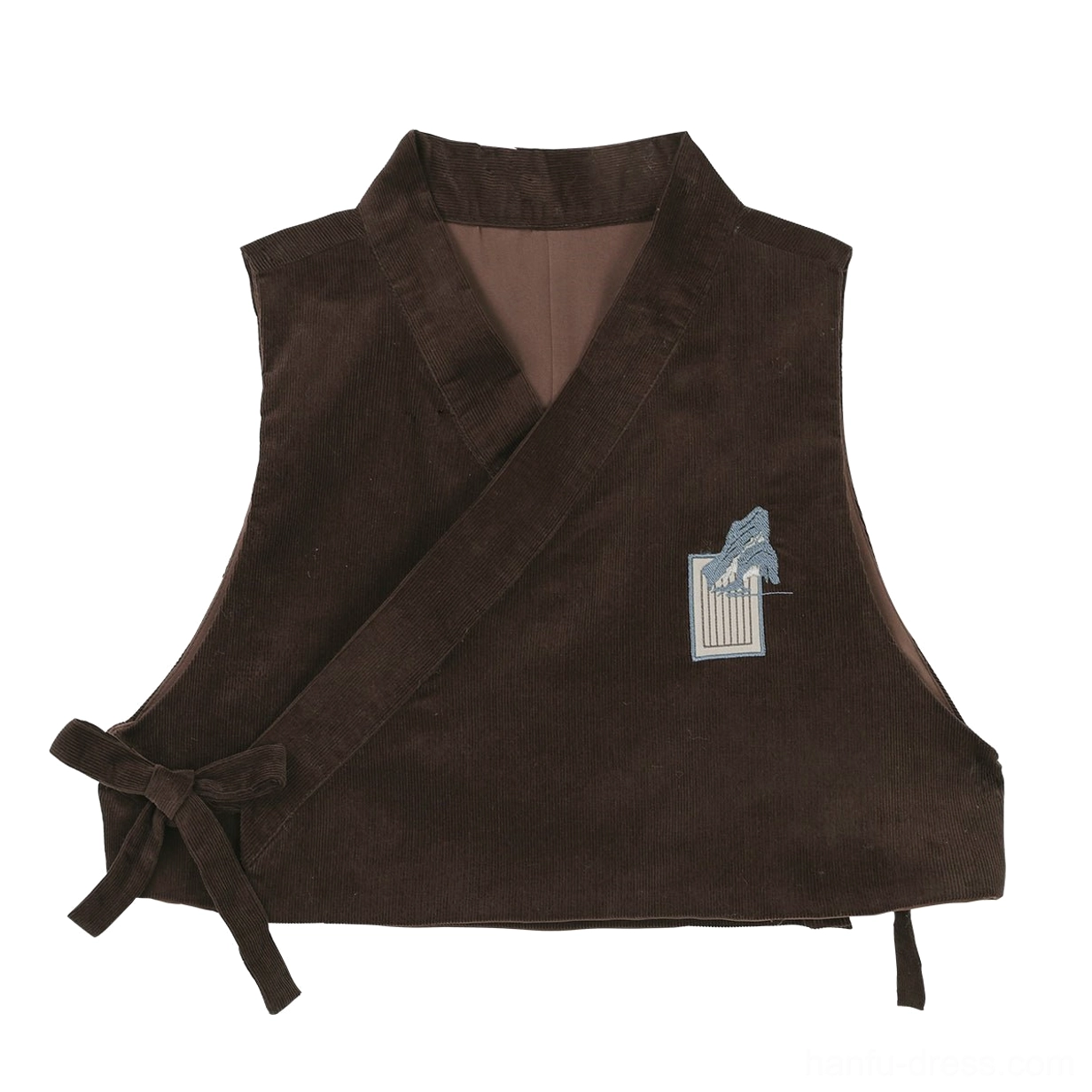 Dark brown cropped wrap vest for modern Ming Dynasty Hanfu with corduroy texture side ties and landscape embroidery