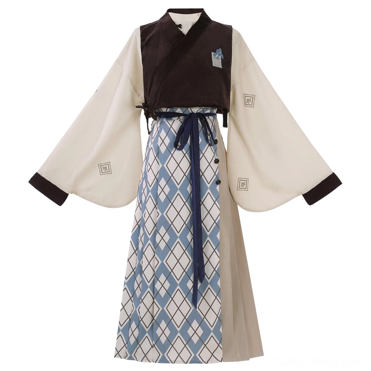Flat lay of complete Travels in the Mountains modern Ming Dynasty Hanfu set with beige top brown embroidered vest and blue mamian skirt