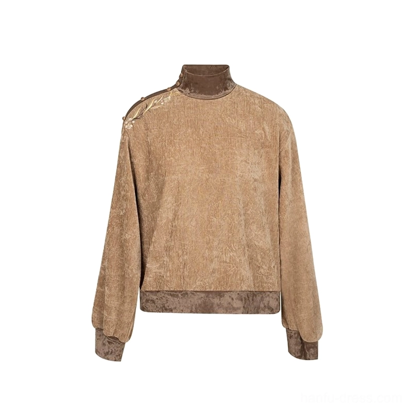 Camel brown embroidered velvet high-neck sweater top with ribbed collar cuffs and hem for modern Hanfu styling