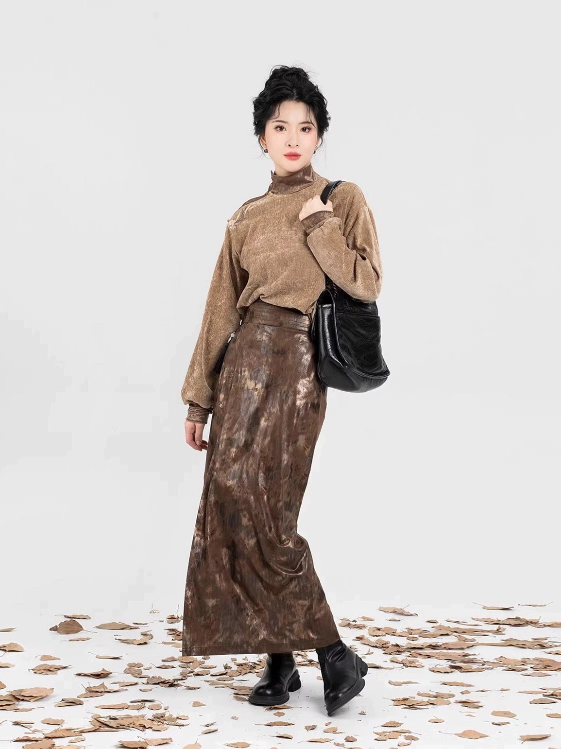Modern Hanfu camel velvet high-neck sweater and dark brown spiral skirt outfit in walking side pose