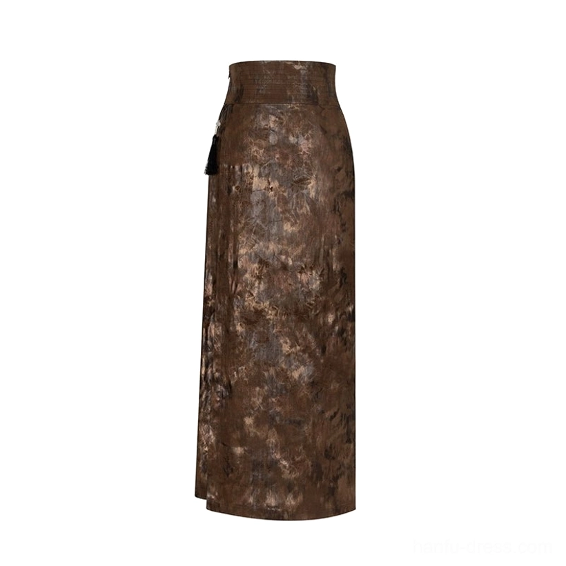 Dark brown high-waisted spiral maxi skirt with vintage marbled print for modern Hanfu outfit