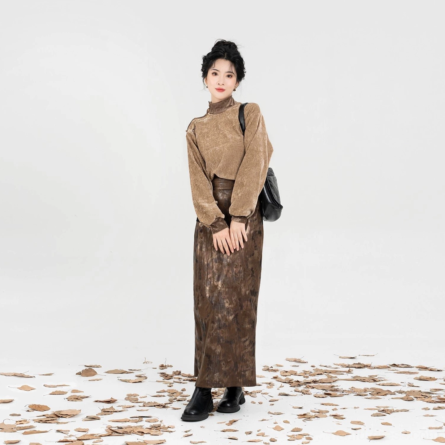 Twilight modern Hanfu full set with camel embroidered velvet top and dark brown long spiral skirt front view