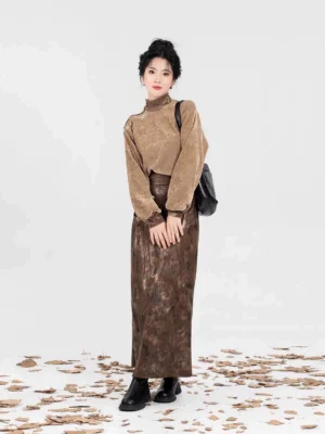 Twilight modern Hanfu embroidered velvet high-neck top and dark brown spiral maxi skirt full front outfit view
