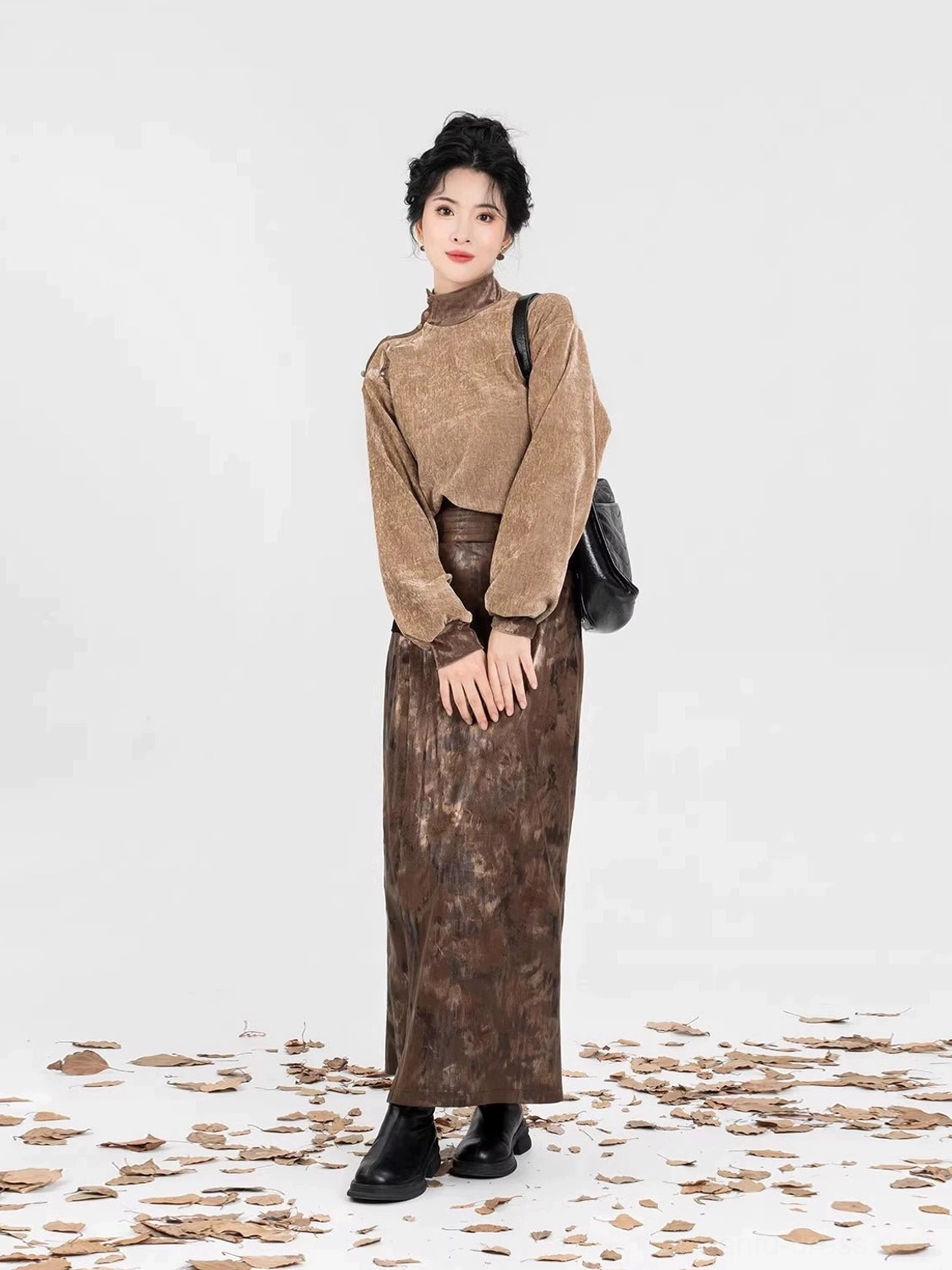 Twilight modern Hanfu embroidered velvet high-neck top and dark brown spiral maxi skirt full front outfit view