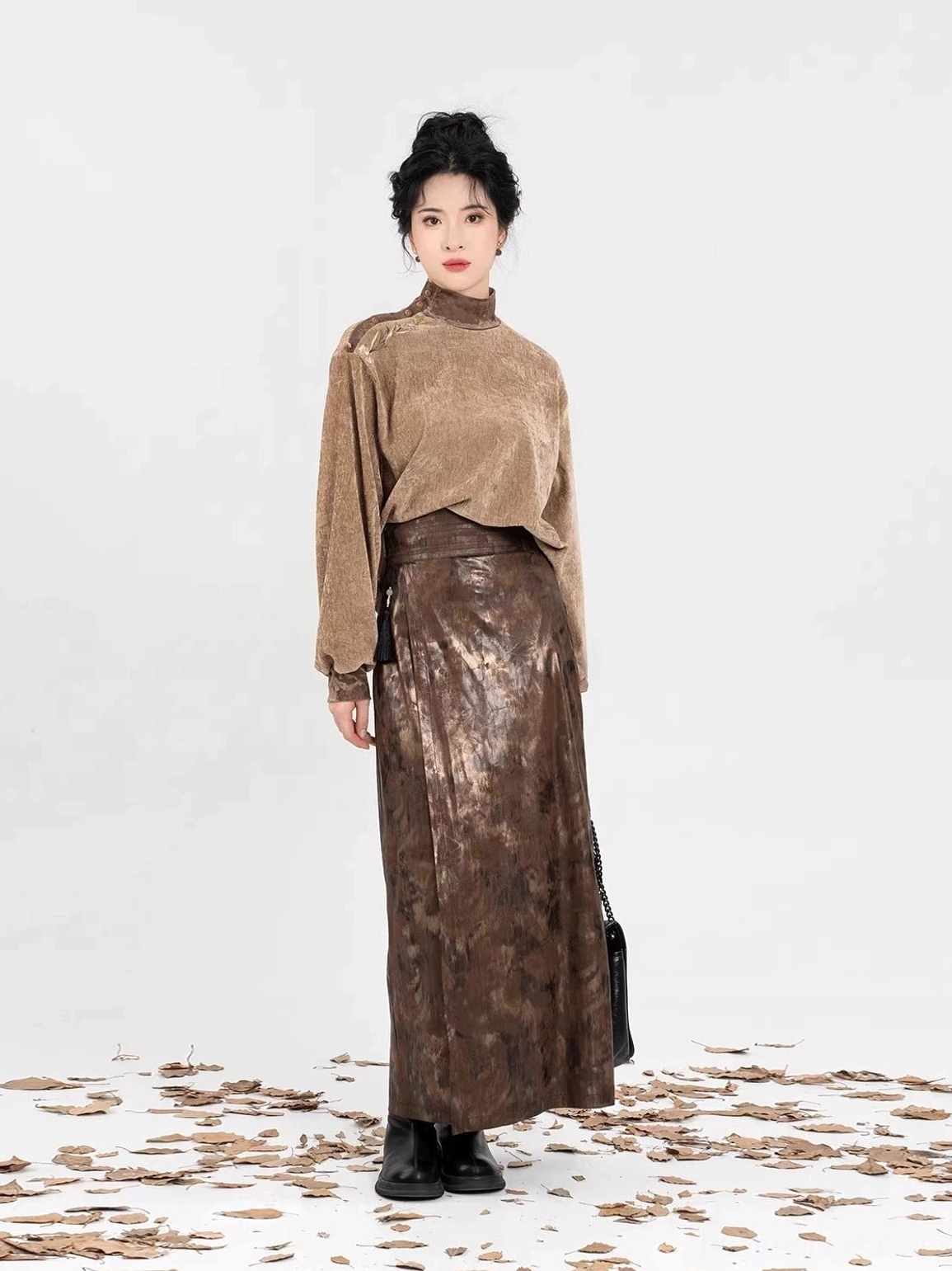 Modern Chinese style velvet top and high-waisted brown maxi skirt set shown from the back and side
