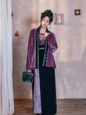 Full-body front view of a Twilight Purple Song Dynasty modern Hanfu set with winged sleeve top, embroidered camisole, color-blocked wrap skirt, and elegant black and gold details