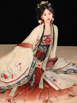 Twilight Tang Dynasty Hanfu Heziqun dress shown from an overhead seated angle with a beige wide-sleeve coat, reddish-brown gradient skirt, floral embroidery, and dark green decorative trims