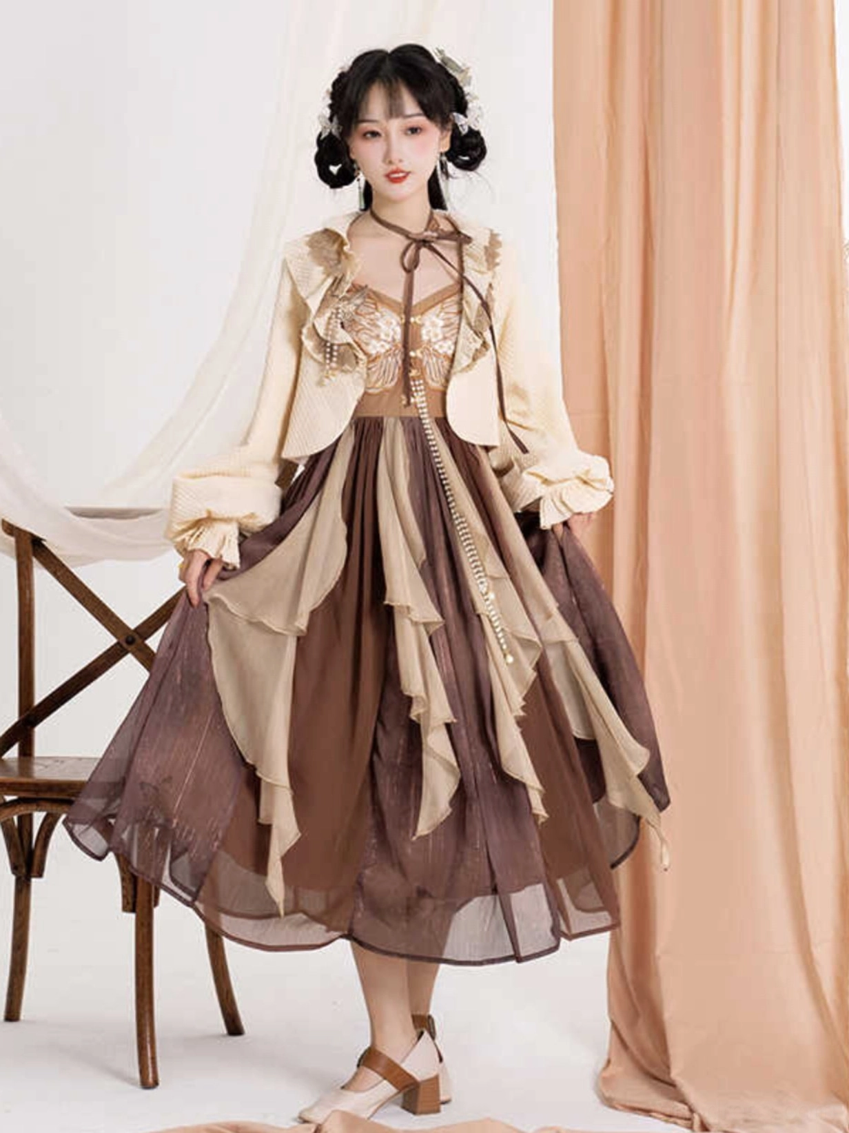 Full front view of a two-tone Chinese vintage midi dress outfit with halter neck strap, asymmetrical ruffles, and cropped cardigan