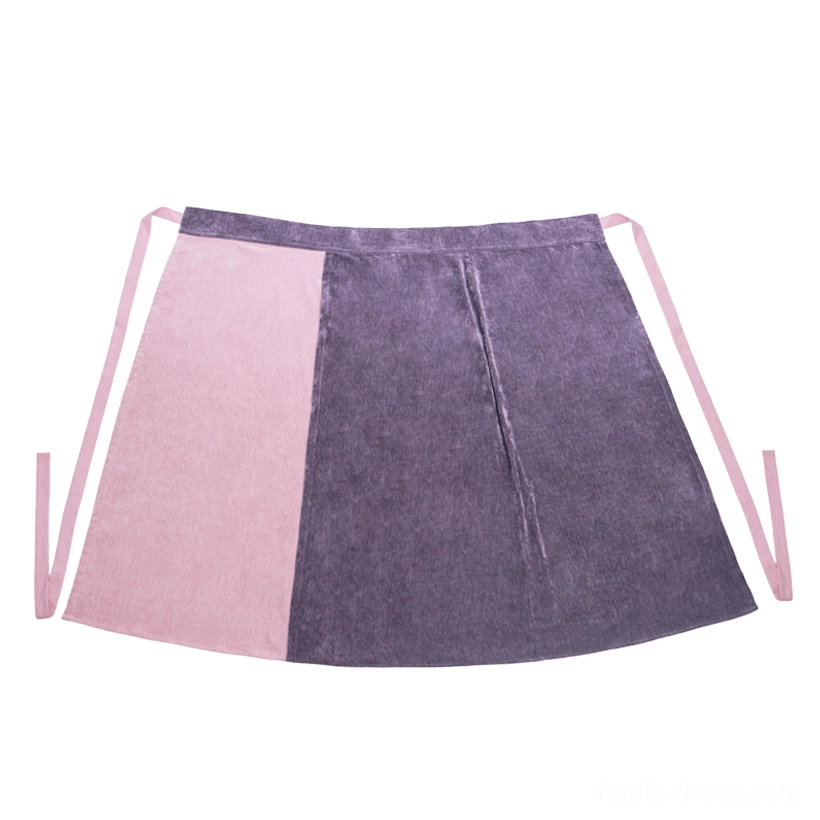 Flat lay of two tone modern hanfu wrap skirt in light pink and dark purple with soft textured fabric and adjustable side ties
