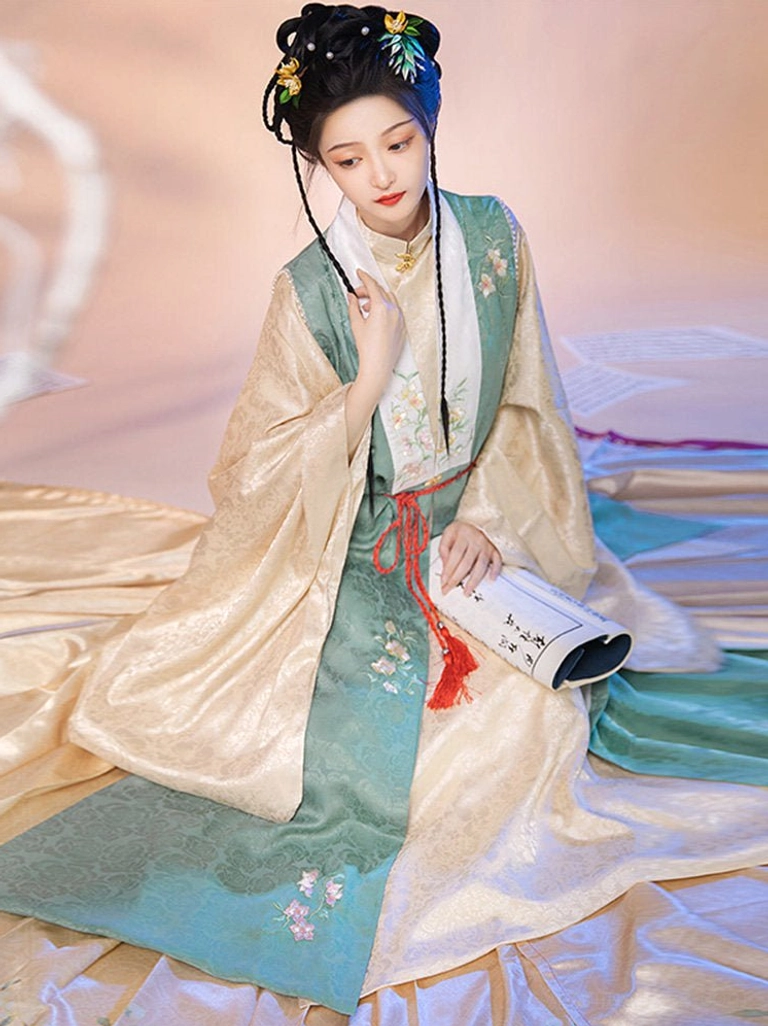 Two-tone satin Ming Dynasty hanfu bijia vest with beige panels red waist tassel and coordinated traditional Chinese skirt