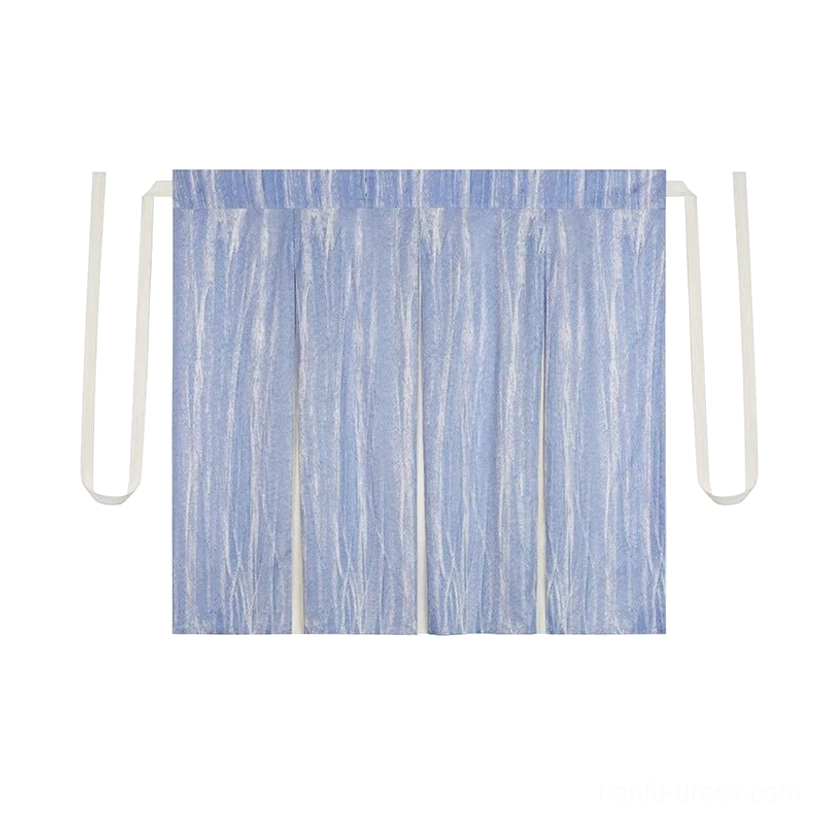 Flat lay of a two-tone Song-style Hanfu three-pleat skirt with vertical shimmer texture, sky-blue main fabric, ivory side panels, and matching tie belts