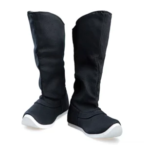 Unisex black Hanfu costume boots displayed from the front, showing the classic upturned Chinese shoe shape, woven fabric upper, neat seam details, and white non-slip rubber outsole