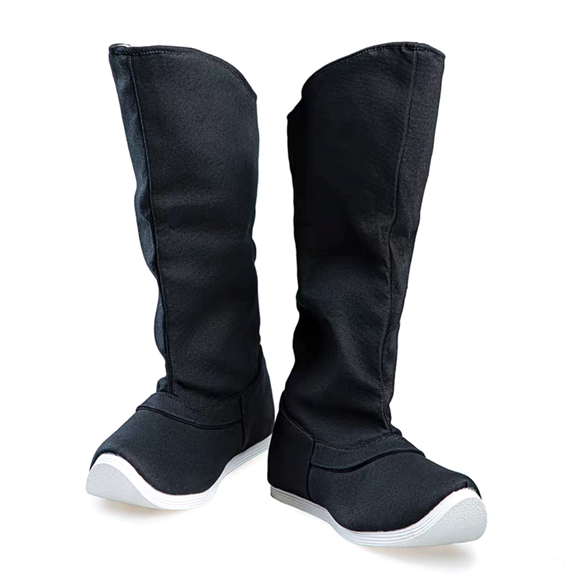 Unisex black Hanfu costume boots displayed from the front, showing the classic upturned Chinese shoe shape, woven fabric upper, neat seam details, and white non-slip rubber outsole