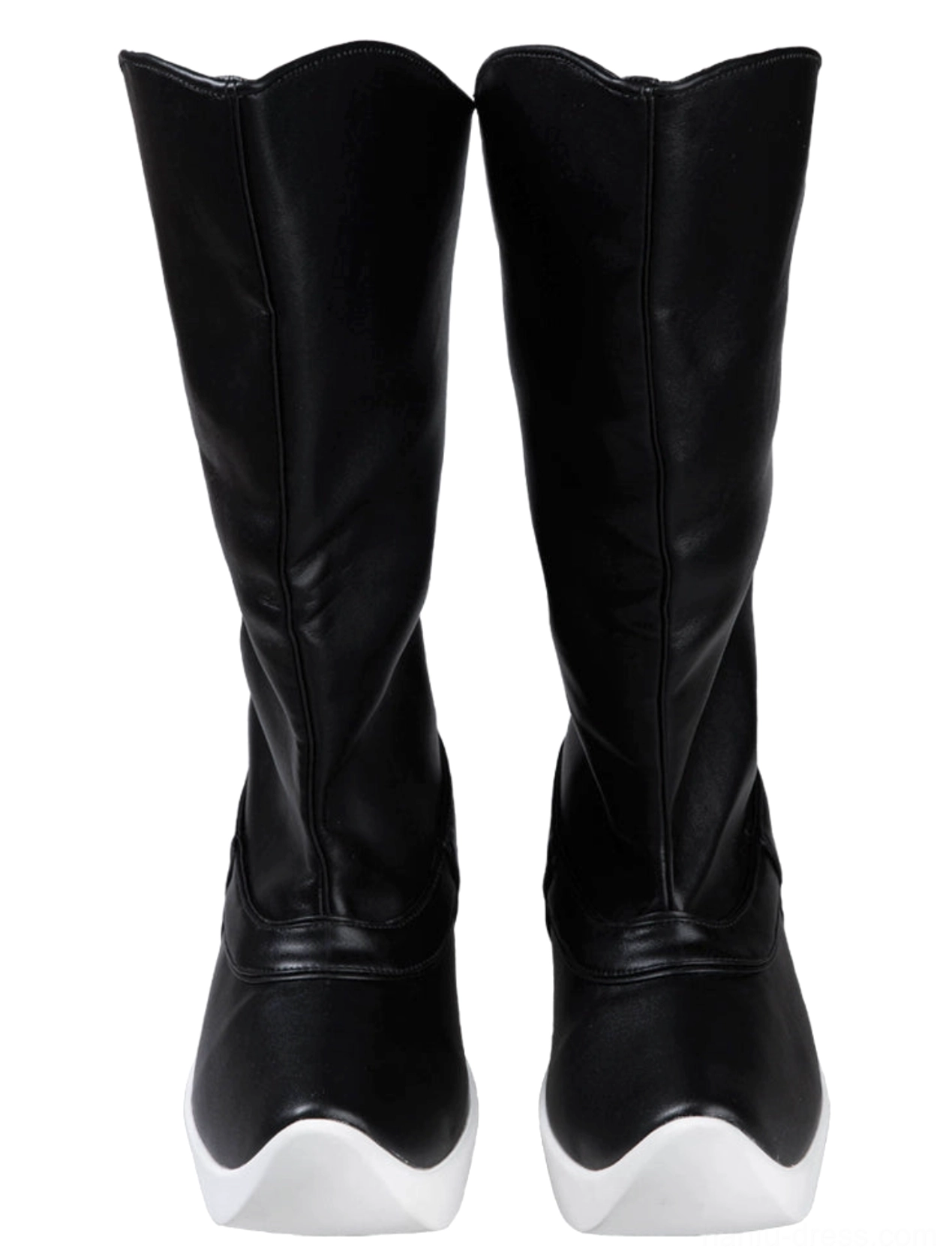 Front studio view of a pair of black microfiber leather Hanfu boots with classic upturned toes and white platform soles
