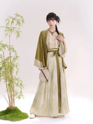 Full body front view of a woman wearing a three-piece Song Dynasty Hanfu set with an olive green cardigan, beige olive tie-dye wrap skirt, waist sash, and traditional Chinese hairstyle