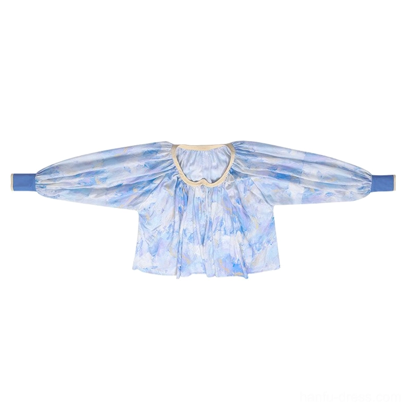Van Gogh Sea Hanfu heart collar blouse displayed flat with blue watercolor oil painting print beige neckline trim and lantern sleeves
