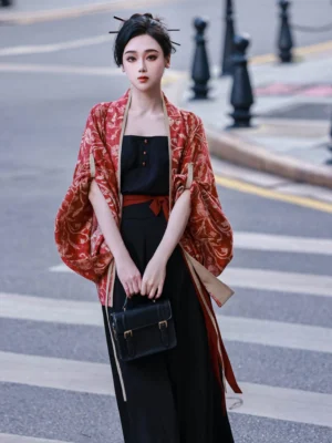 Front view of a Vermilion Bird modern Hanfu three-piece outfit with red waist bow loose cardigan sleeves black camisole and wide-leg pants
