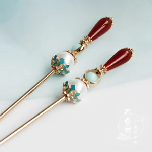 Pair of vintage Chinese hair sticks with gold tone pins pearl beads turquoise cloisonne style flowers green beads and red drop pendants