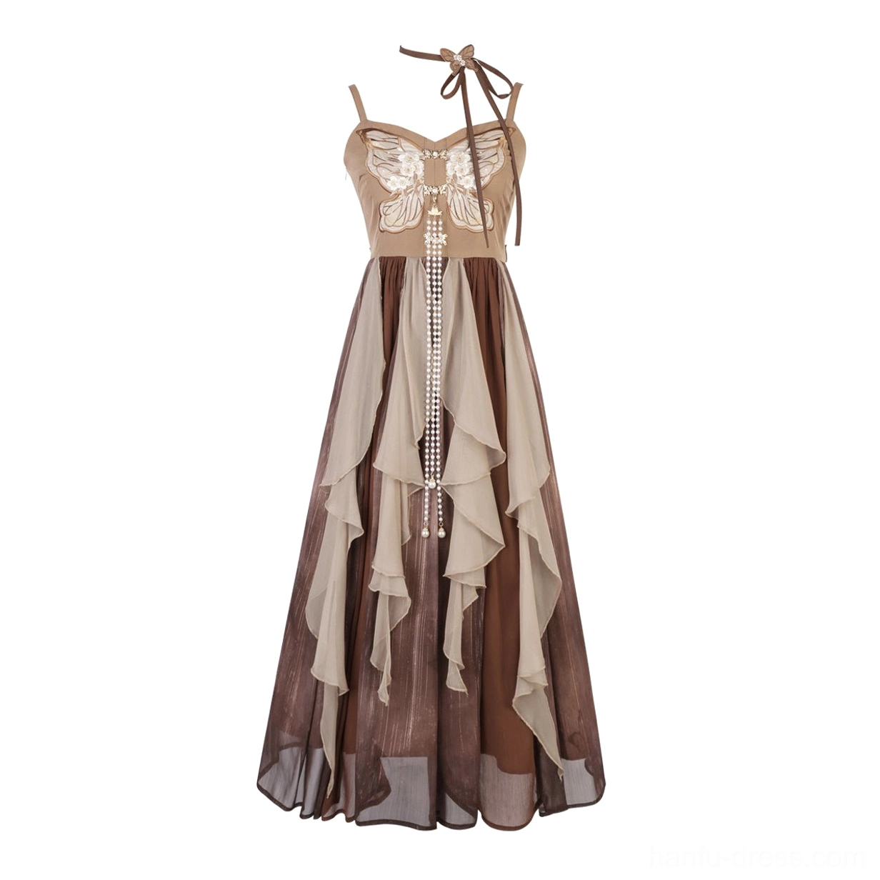 Vintage Chinese style modern Hanfu slip midi dress with halter neck tie, butterfly embroidery, pearl tassel trim, and layered ruffled chiffon skirt