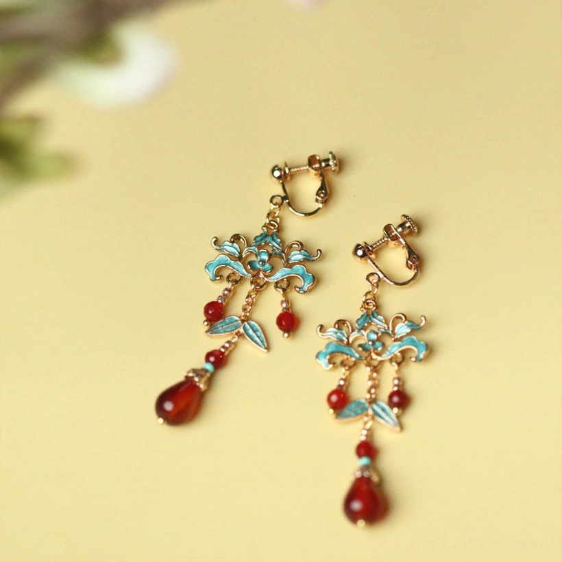 Vintage Chinese red agate clip on earrings with cloisonne inspired blue enamel flowers and teardrop pendants