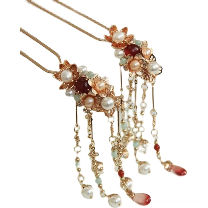 Vintage Chinese tassel hair stick with double-pronged structure floral bead ornament mixed pearl accents and dangling red details
