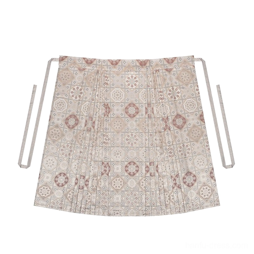Vintage geometric print brocade mamian skirt with pleated sides and waist ties Ming Dynasty Hanfu style